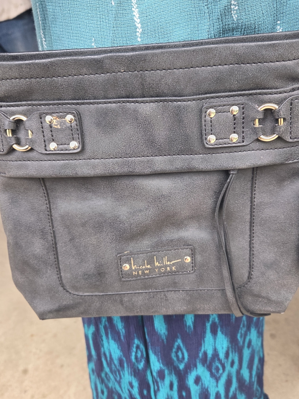 Nicole Miller Black Suede Bucket Shoulder Bag with Gold Hardware
